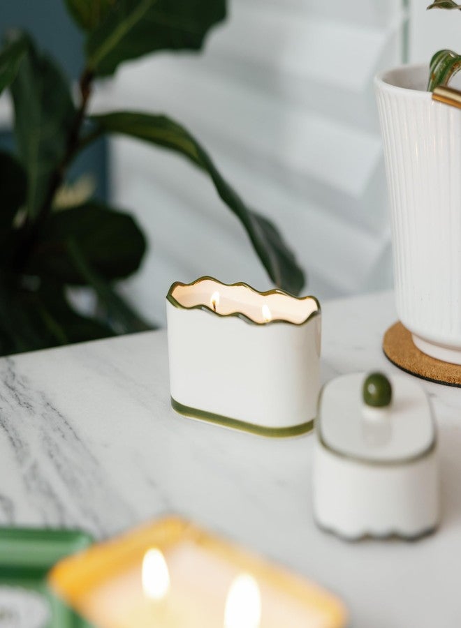 Paddywax CHÉRIE Ceramic Dish Candle, Soy Wax Candle, Poured with Love Ceramic Jar with Scalloped Lid, Reusable Vessel, 5.5 oz, Smoked Pistachio - Image 4