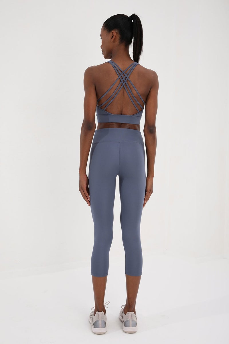 Tommy Life Petrol Women's High Waist Slimming Cross Back Detailed Sports Bustier-Capri Leggings Set - 95283  - Image 5