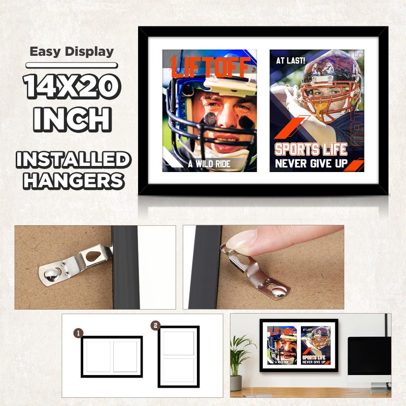 Qunclay 14x20 Inch Double Magazine Frame Displays Two 8x11 Inch Magazines Picture Frame with Installed Hangers and Core Matting Plastic Frames for Certificate Collages Weddings Photo - Image 3