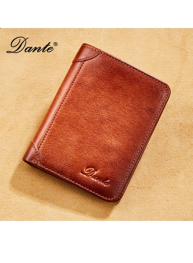 Dante Men's Genuine Leather RFID Anti-theft Brush Vertical Three-sided Retro First-layer Cowhide Wallet Yellow Brown (Anti-theft Card Swiping)  - Image 1