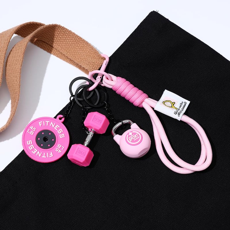 Dhdfisd Fitness Keychain Gym Lovers Enthusiast Gift Barbell Dumbbell Keychain Fitness Bag Water Kettle backpack Charms(Pink barbell) - Image 2