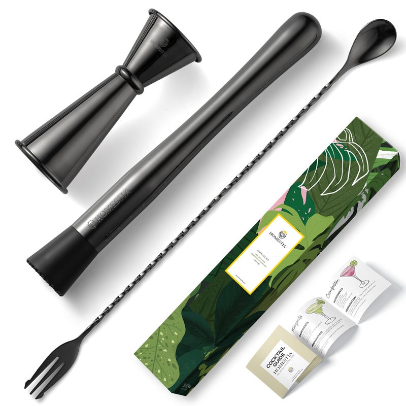 Homestia Homestia Muddler & Spoon Set for Cocktails, 304 Stainless Steel 10" Bar Muddler, 12" Cocktail Spoon, 1 oz 2 oz Jigger, 3 PCS Cocktail Set for Margaritas, Mojitos and Fruit Drinks Bar Tool Set Black  - Image 1