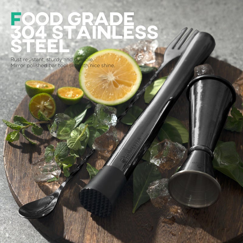 Homestia Homestia Muddler & Spoon Set for Cocktails, 304 Stainless Steel 10" Bar Muddler, 12" Cocktail Spoon, 1 oz 2 oz Jigger, 3 PCS Cocktail Set for Margaritas, Mojitos and Fruit Drinks Bar Tool Set Black  - Image 2