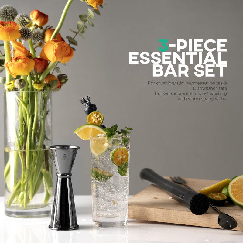 Homestia Homestia Muddler & Spoon Set for Cocktails, 304 Stainless Steel 10" Bar Muddler, 12" Cocktail Spoon, 1 oz 2 oz Jigger, 3 PCS Cocktail Set for Margaritas, Mojitos and Fruit Drinks Bar Tool Set Black  - Image 4