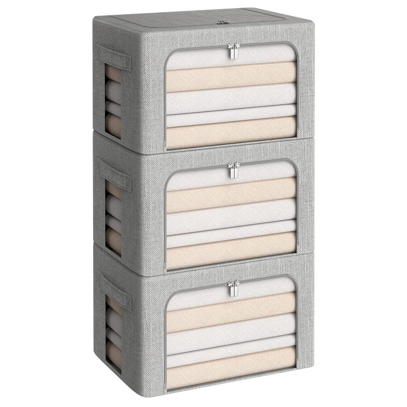 CYhom 3Pack Foldable Storage Bins - Frame Storage Box Linen Fabric Stackable Clothes Container Organizer with Clear Window & Carry Handles Large Capacity (Medium-36L, Light Grey) - Image 1