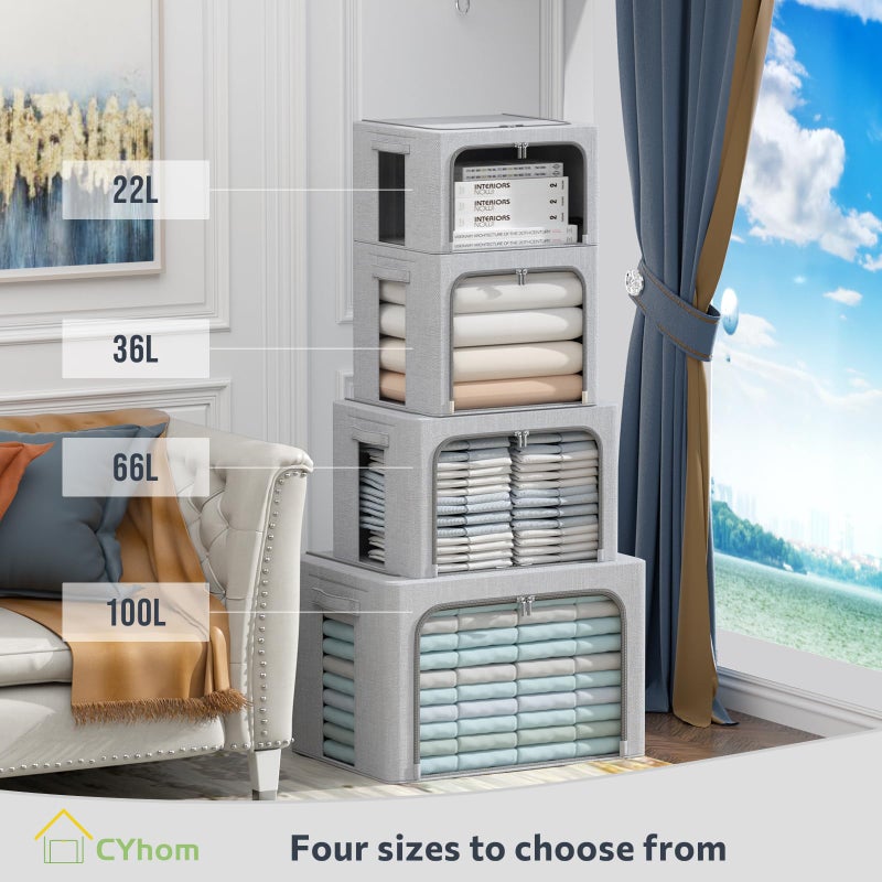 CYhom 3Pack Foldable Storage Bins - Frame Storage Box Linen Fabric Stackable Clothes Container Organizer with Clear Window & Carry Handles Large Capacity (Medium-36L, Light Grey) - Image 3