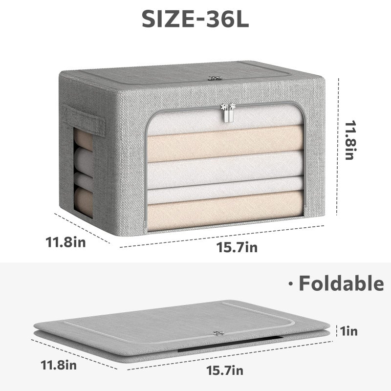 CYhom 3Pack Foldable Storage Bins - Frame Storage Box Linen Fabric Stackable Clothes Container Organizer with Clear Window & Carry Handles Large Capacity (Medium-36L, Light Grey) - Image 5