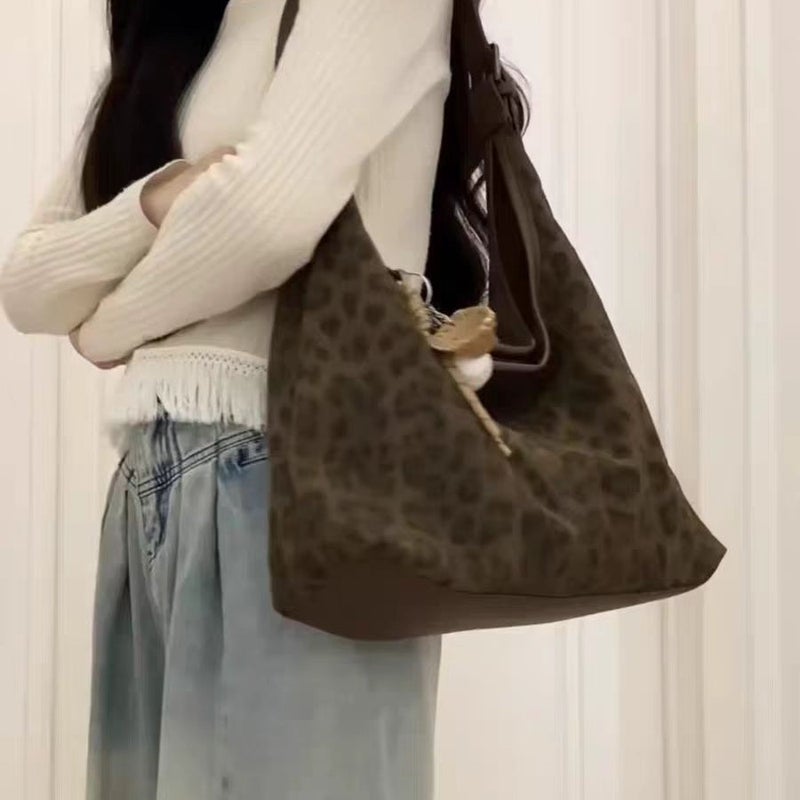 Women's Brown Leopard Print Crossbody Tote Bag, Large Capacity Retro Casual Shoulder Bag - Image 4