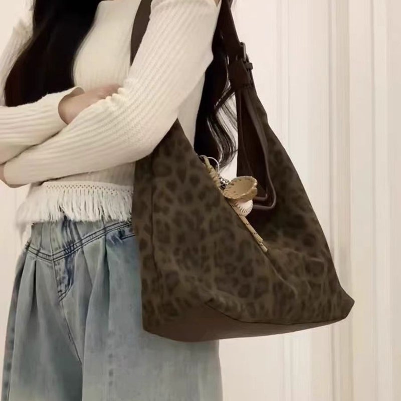 Women's Brown Leopard Print Crossbody Tote Bag, Large Capacity Retro Casual Shoulder Bag - Image 3