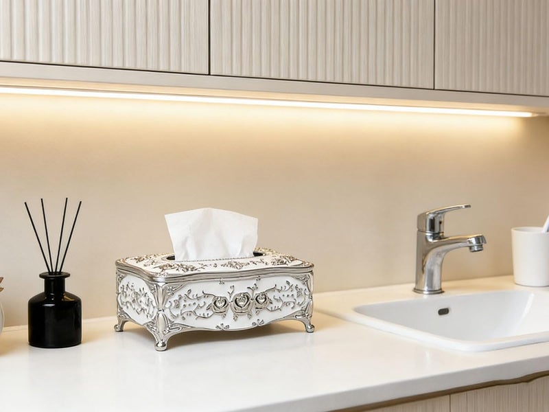 acdiac European Style Luxurious Rose Tissue Box Holder Cover Electroplating Process Tissue Holders (Silver&White) - Image 3