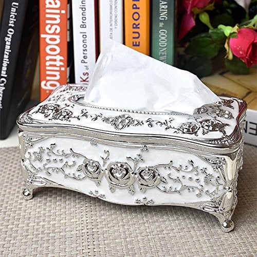 acdiac European Style Luxurious Rose Tissue Box Holder Cover Electroplating Process Tissue Holders (Silver&White) - Image 2