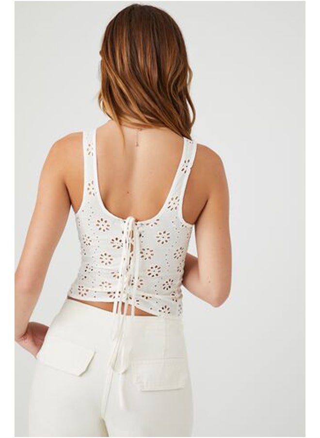 FOREVER 21 - Floral Eyelet Lace-Up Tank Top - Image 1