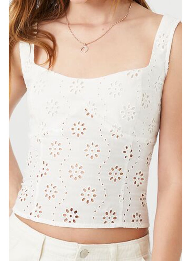 FOREVER 21 - Floral Eyelet Lace-Up Tank Top - Image 1