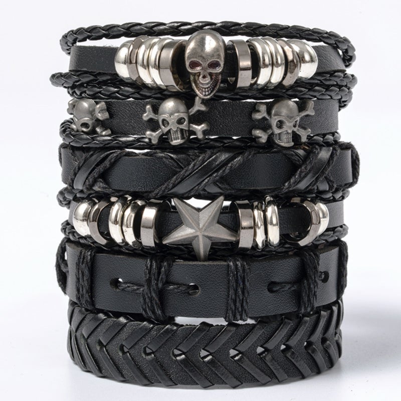UrbanPulse - 6 Unisex Black Leather Bracelets, Emo, Grunge, Punk Accessories, Adjustable Fit (7 to 11 inches), Durable Leather, Stylish and Comfortable - Image 1