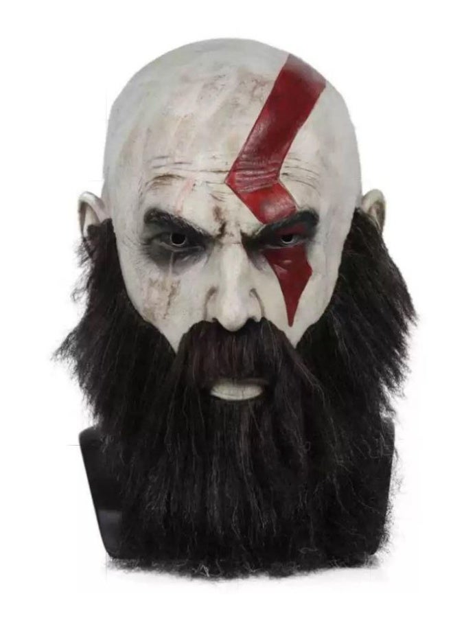 ناما قناع المحارب القوي من السيلكون (مستوحى من Kratos) - إطلالة الغضب واللحية الكثيفة  هذا القناع يجسد شخصية المحارب الأسطوري الغاضب، المعروف بجلده الشاحب ولحيته الكثيفة وعلامة الوشم الأحمر المميزة. إنه مثالي لـعشاق الألعاب ولإطلالة قوية وملفتة في الهالوين أو المناسبات التنكرية