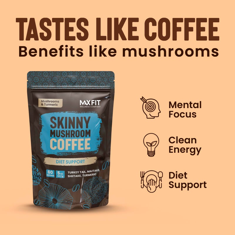 MAX FIT Skinny Instant Mushroom Coffee (60 Servings) Mental Focus Plus Diet Support - Turkey Tail, Maitake, Shiitake & Turmeric, Mixed With Gourmet 100% Arabica Medium Roast Instant Coffee - Image 3