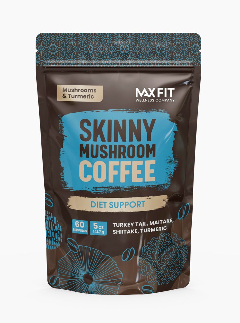 MAX FIT Skinny Instant Mushroom Coffee (60 Servings) Mental Focus Plus Diet Support - Turkey Tail, Maitake, Shiitake & Turmeric, Mixed With Gourmet 100% Arabica Medium Roast Instant Coffee - Image 1