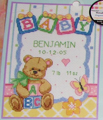 Dimensions Counted Cross Stitch Kit, Baby Blocks and Teddy Bear Birth Record Personalized Baby Gift, 14 Count White Aida, 5" x 7" - Image 3