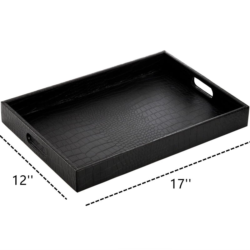 Lyellfe Black Serving Tray with Handles, Decorative Ottoman Tray in Alligator Faux Leather, 17x12 Inch Rectangular for Coffee Table, Living Room, Bed or Dressing Table - Image 2