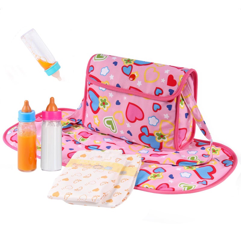 BABESIDE 5 Pcs Baby Diaper Bag Set with Magic Bottles Baby Doll Accessories Includes Changing Mat Diapers and Bottle with Disappearing Milk for 1216 inches Dolls Kids Gift - Image 2