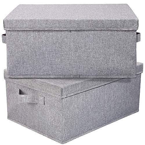 HOONEX Linen Foldable Storage Bins with Lids, 2 Pack, Storage Boxes with Carrying Handles and Sturdy Heavy Cardboard, 16.5" L x 11.8" W x 7.5" H for Shoes, Books, Clothes, Light Grey - Image 1