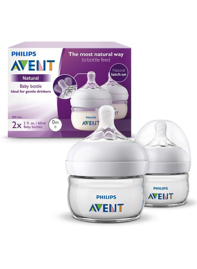 Avent Philips Avent Natural Baby Bottles, with First Flow Nipple, 2OZ/60ML, 2 Pack, SCF019/25 - Image 1