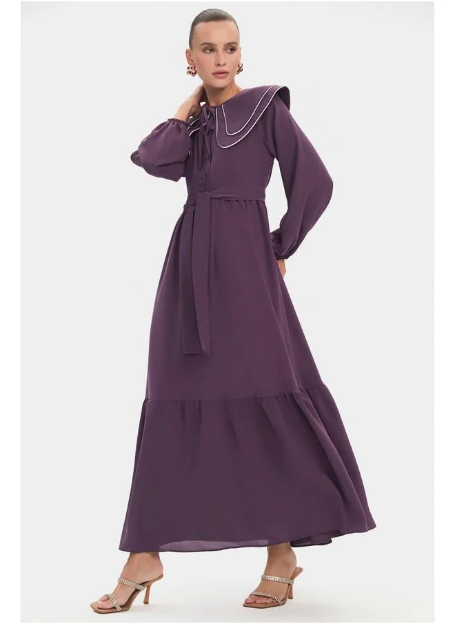 JUNE June Women Baby Neck Balloon Sleeve Waist Tie Detail Dress Purple