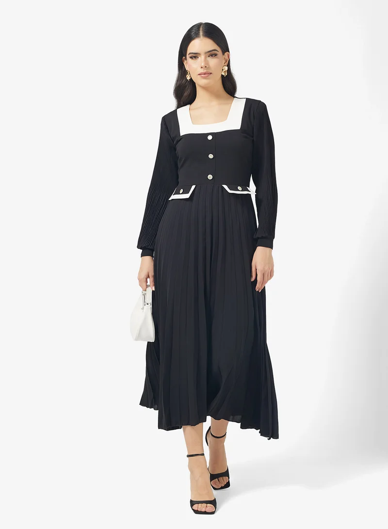 FYOR Elegant A-Line Pleated Dress with Square Neckline & White Accents