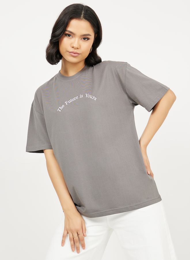 Styli Oversized Embroidered Slogan Drop Shoulder T-Shirt  - Image 1