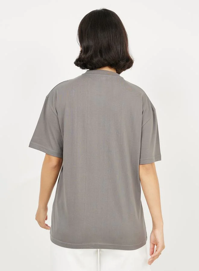 Styli Oversized Embroidered Slogan Drop Shoulder T-Shirt