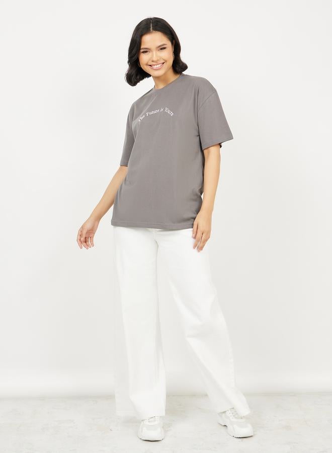 Styli Oversized Embroidered Slogan Drop Shoulder T-Shirt  - Image 2