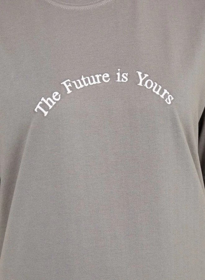 Styli Oversized Embroidered Slogan Drop Shoulder T-Shirt