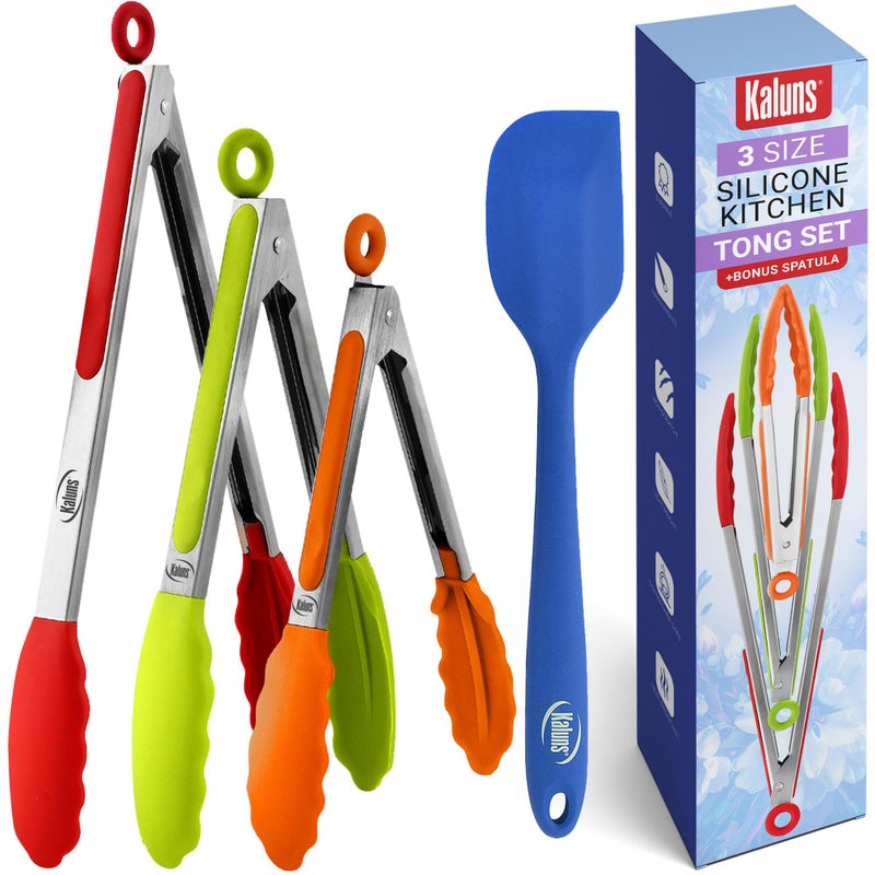 Kaluns Kitchen Tongs for Cooking Grilling Set of 4 BBQ Grill Tongs With Silicone Tip Stainless Steel Heat Resistant Nonstick Pull Lock Incl 7 9 12 Inch Tong Plus a Silicone Spatula