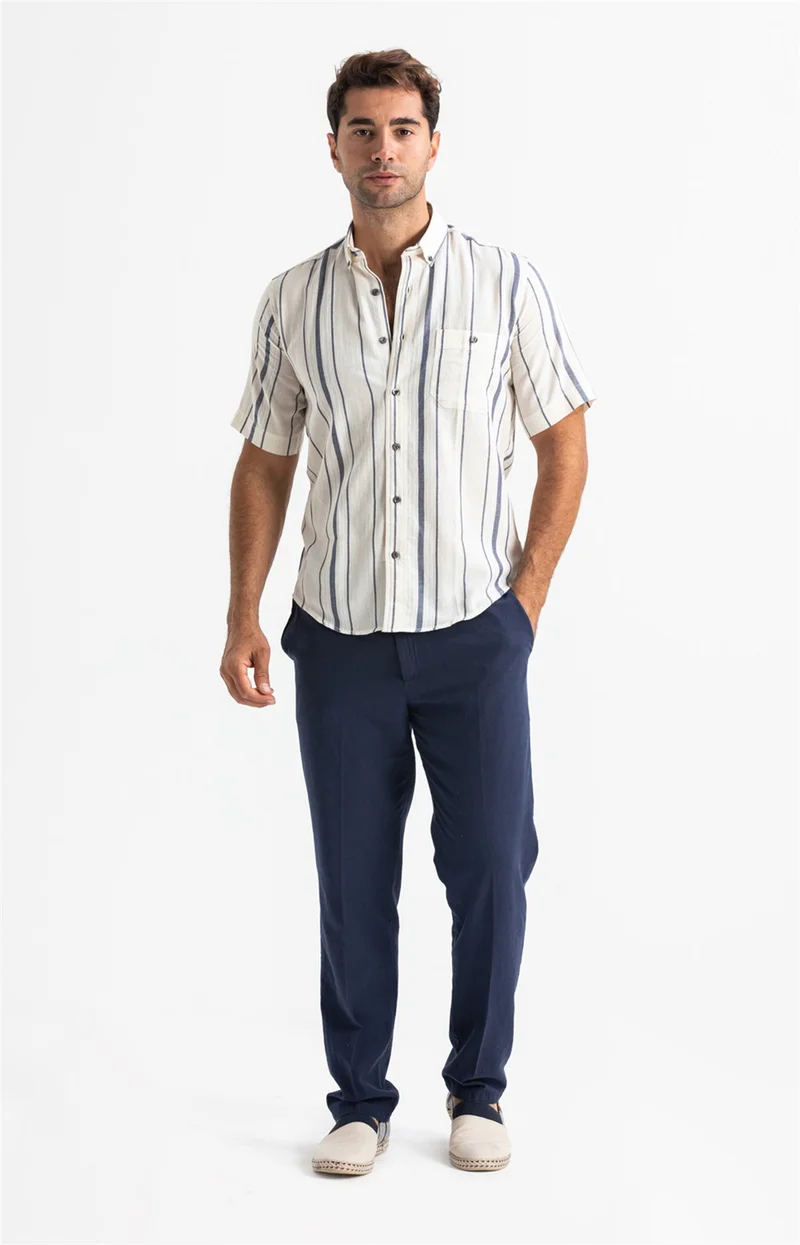 Akbeniz Short Sleeve Slim Fit Şile Cloth Single Pocket Men's Shirt Ecru Gray Striped 3028