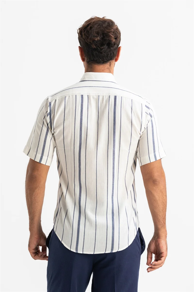 Akbeniz Short Sleeve Slim Fit Şile Cloth Single Pocket Men's Shirt Ecru Gray Striped 3028