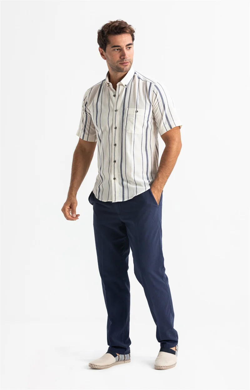 Akbeniz Short Sleeve Slim Fit Şile Cloth Single Pocket Men's Shirt Ecru Gray Striped 3028