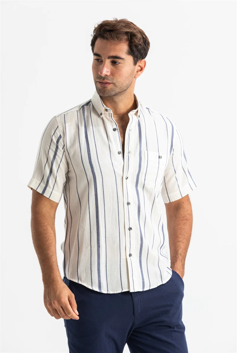 Akbeniz Short Sleeve Slim Fit Şile Cloth Single Pocket Men's Shirt Ecru Gray Striped 3028