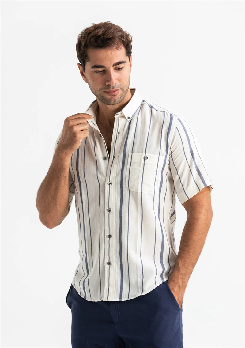 Akbeniz Short Sleeve Slim Fit Şile Cloth Single Pocket Men's Shirt Ecru Gray Striped 3028