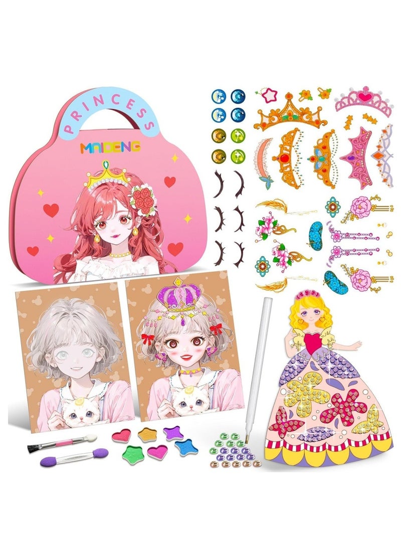 DAILYCHIC 3 in 1 Princess Art Craft Kits, Foil Art & Diamond Painting, Makeup DIY Activity, Dress Up Sticker Books,Travel Toys, Ideal Toys for Girls Ages 6 7 8+ Years Old - Image 1