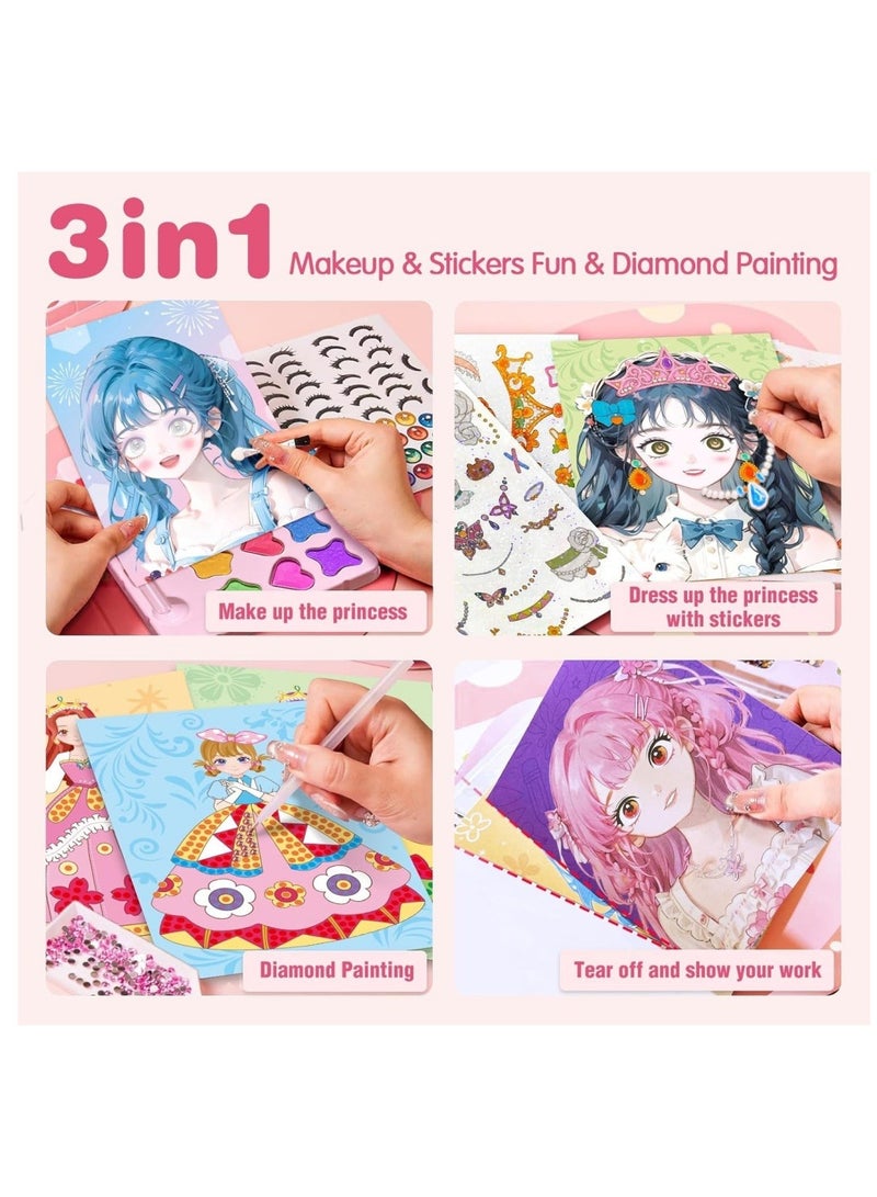 DAILYCHIC 3 in 1 Princess Art Craft Kits, Foil Art & Diamond Painting, Makeup DIY Activity, Dress Up Sticker Books,Travel Toys, Ideal Toys for Girls Ages 6 7 8+ Years Old - Image 3