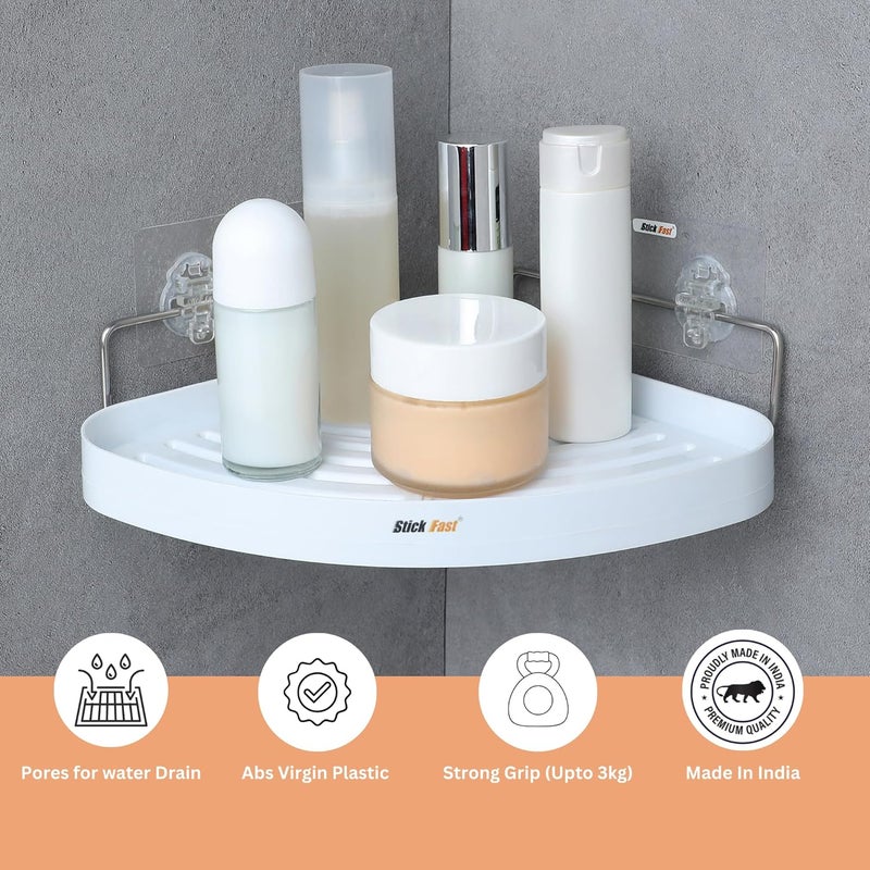 SF - Stick Fast SF Stick Fast Bathroom Corner Shelf Self Adhesive Rack with 3M Sticker for Wall Mount Shelf Multipurpose for Kitchen Bathroom Storage Organizer Pack of 2 White ABS - Image 3