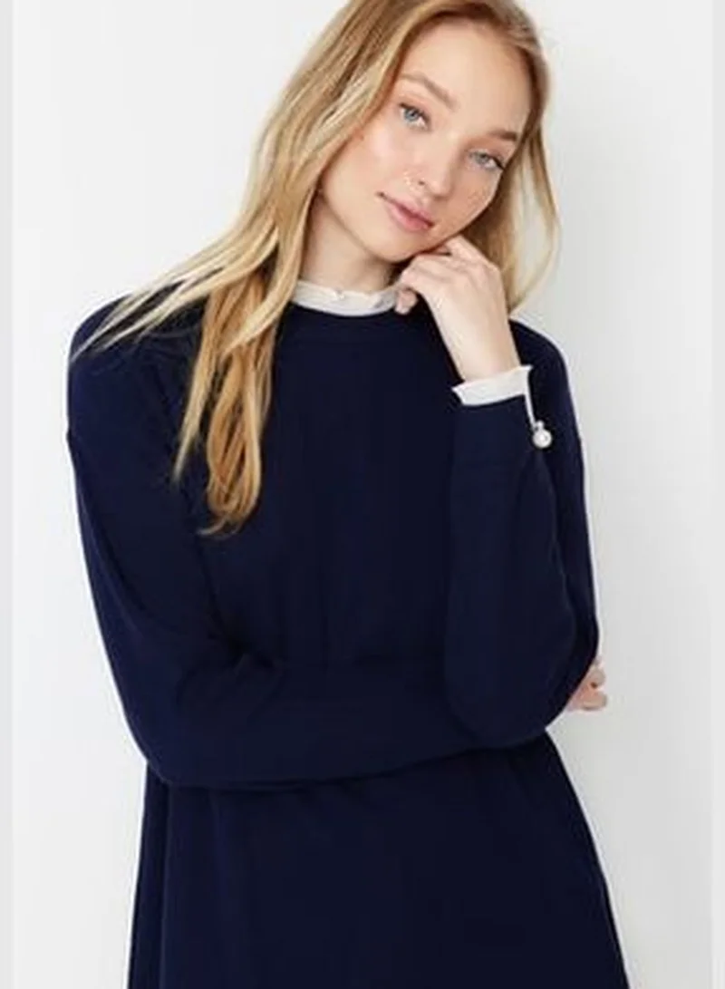 trendyol Navy Blue Sleeves Pearl Detailed Knitwear Sweater TCTAW23AK00027