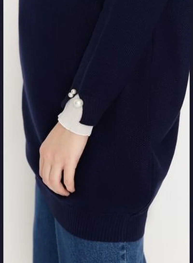 trendyol Navy Blue Sleeves Pearl Detailed Knitwear Sweater TCTAW23AK00027