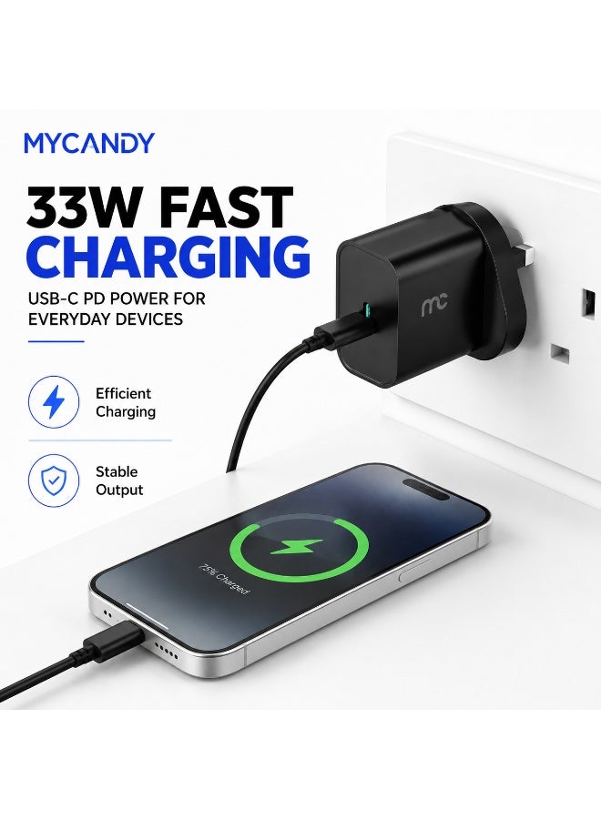 MYCANDY Tc-D33 33W Usb-C Pd Fast Wall Charger For Iphone, Samsung & Usb-C Devices, Black Black - Image 3