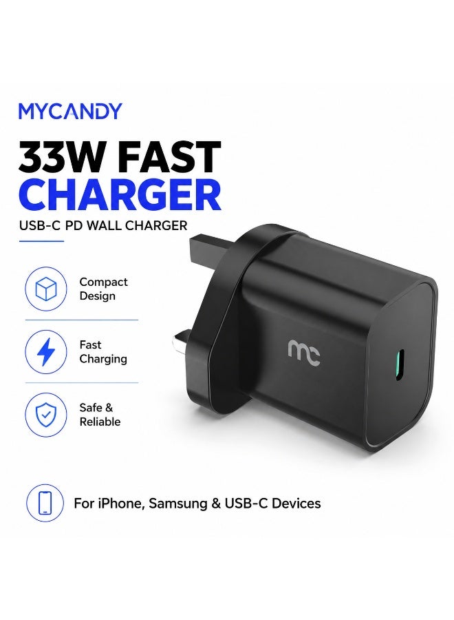 MYCANDY Tc-D33 33W Usb-C Pd Fast Wall Charger For Iphone, Samsung & Usb-C Devices, Black Black - Image 1