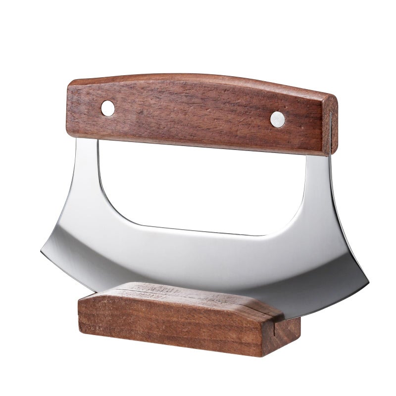 Coowolf Ulu Knife - Sharp Rocker Mezzaluna Knife with Stand for Cutter Pizza, Meat, Vegetables, Herb, Salad, Stainless Steel Blade, Walnut Wood Handle, Kitchen Essentials Accessories and Gadgets Tools - Image 1