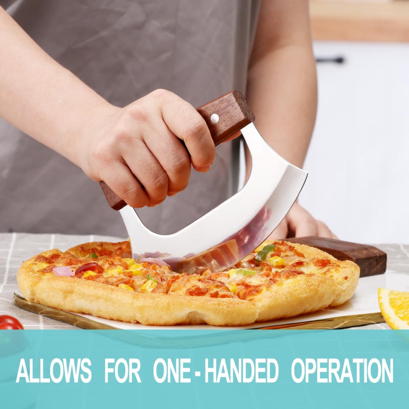 Coowolf Ulu Knife - Sharp Rocker Mezzaluna Knife with Stand for Cutter Pizza, Meat, Vegetables, Herb, Salad, Stainless Steel Blade, Walnut Wood Handle, Kitchen Essentials Accessories and Gadgets Tools - Image 4