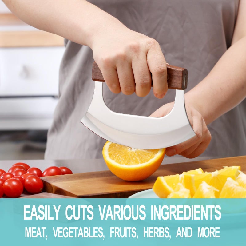 Coowolf Ulu Knife - Sharp Rocker Mezzaluna Knife with Stand for Cutter Pizza, Meat, Vegetables, Herb, Salad, Stainless Steel Blade, Walnut Wood Handle, Kitchen Essentials Accessories and Gadgets Tools - Image 3