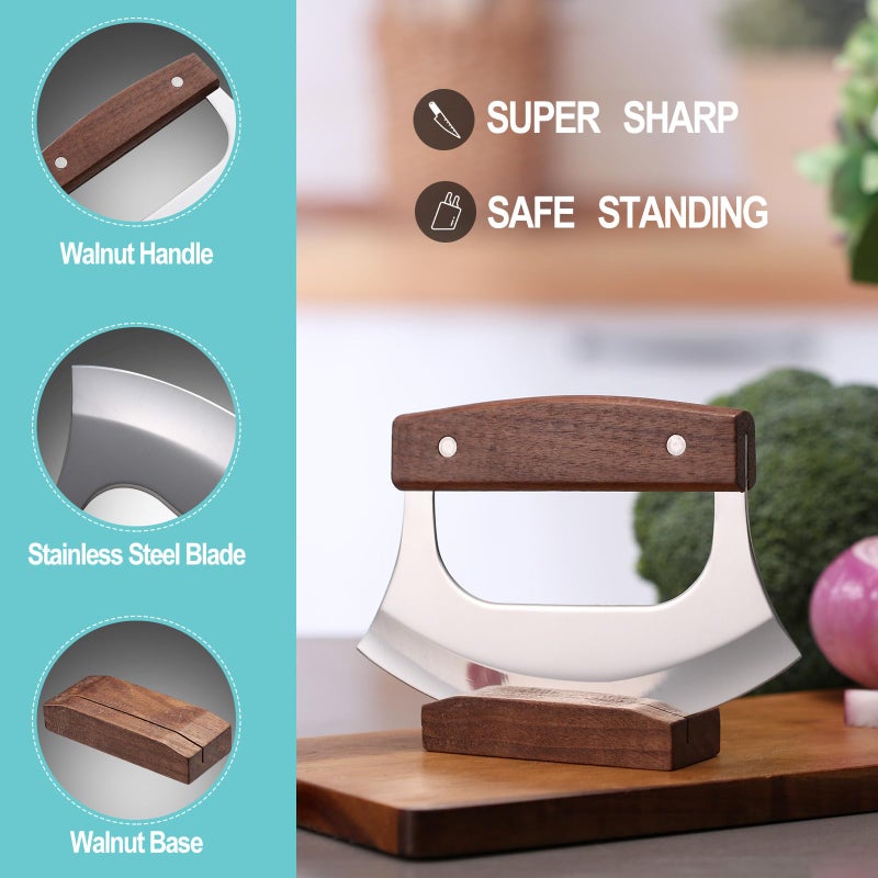 Coowolf Ulu Knife - Sharp Rocker Mezzaluna Knife with Stand for Cutter Pizza, Meat, Vegetables, Herb, Salad, Stainless Steel Blade, Walnut Wood Handle, Kitchen Essentials Accessories and Gadgets Tools - Image 5