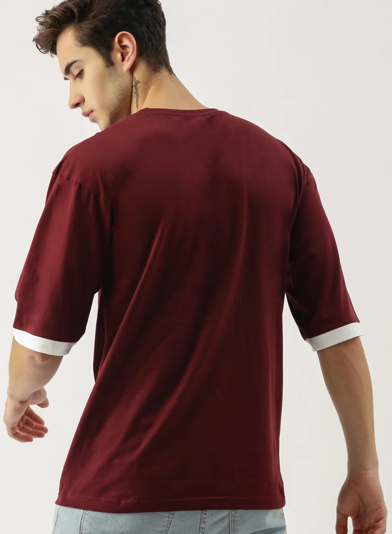 Maniac Maniac Men's 3-4th sleeve Round Neck Maroon and White Cotton Slim Fit Tshirt